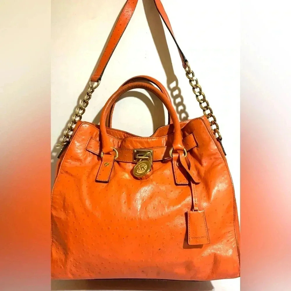 Michael kors orange ostrich embossed leather shoulder handbag